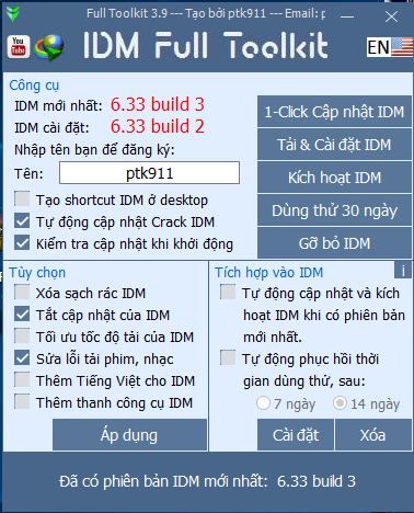 IDM Toolkit 3.9 ptk911 - Crack IDM mới nhất